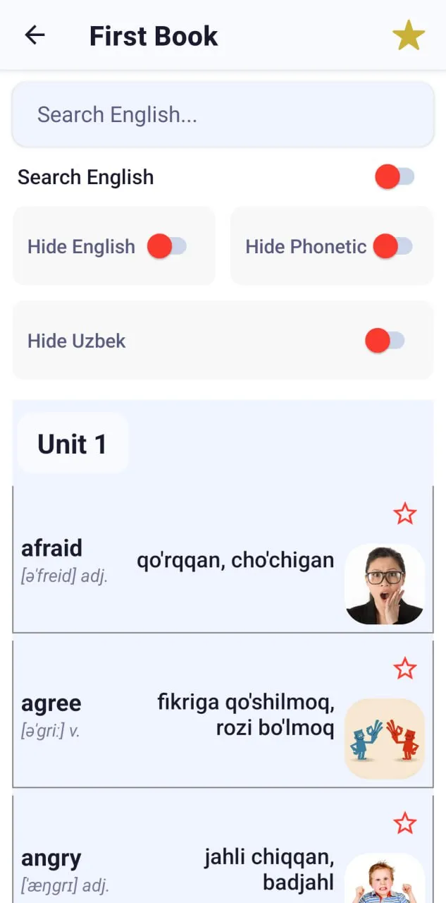 So‘zlar bo‘limi va qidiruv interfeysi