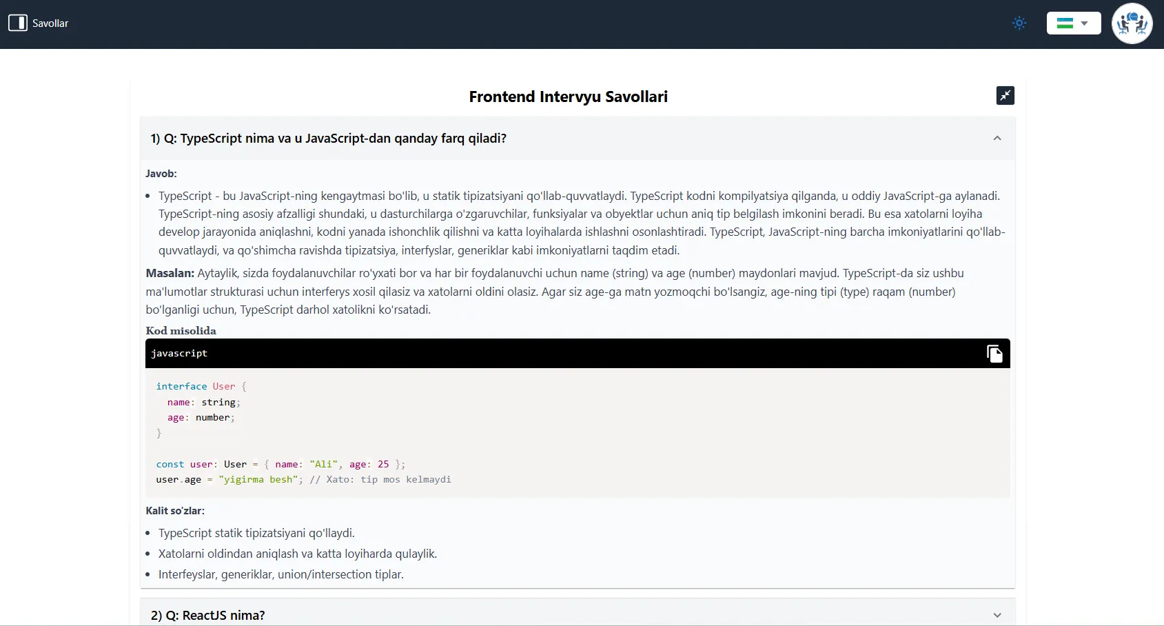 Frontend va backend intervyu savollari jamlanmasi